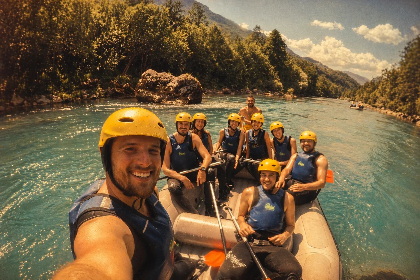 Coinis teammates rafting together on a river