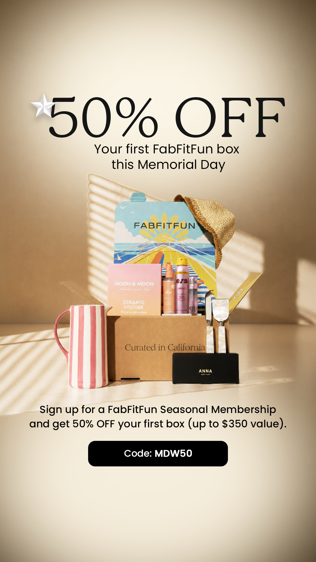 Subscriptions Facebook ad example 40: 50% Off Your First Box With Code MDW50!